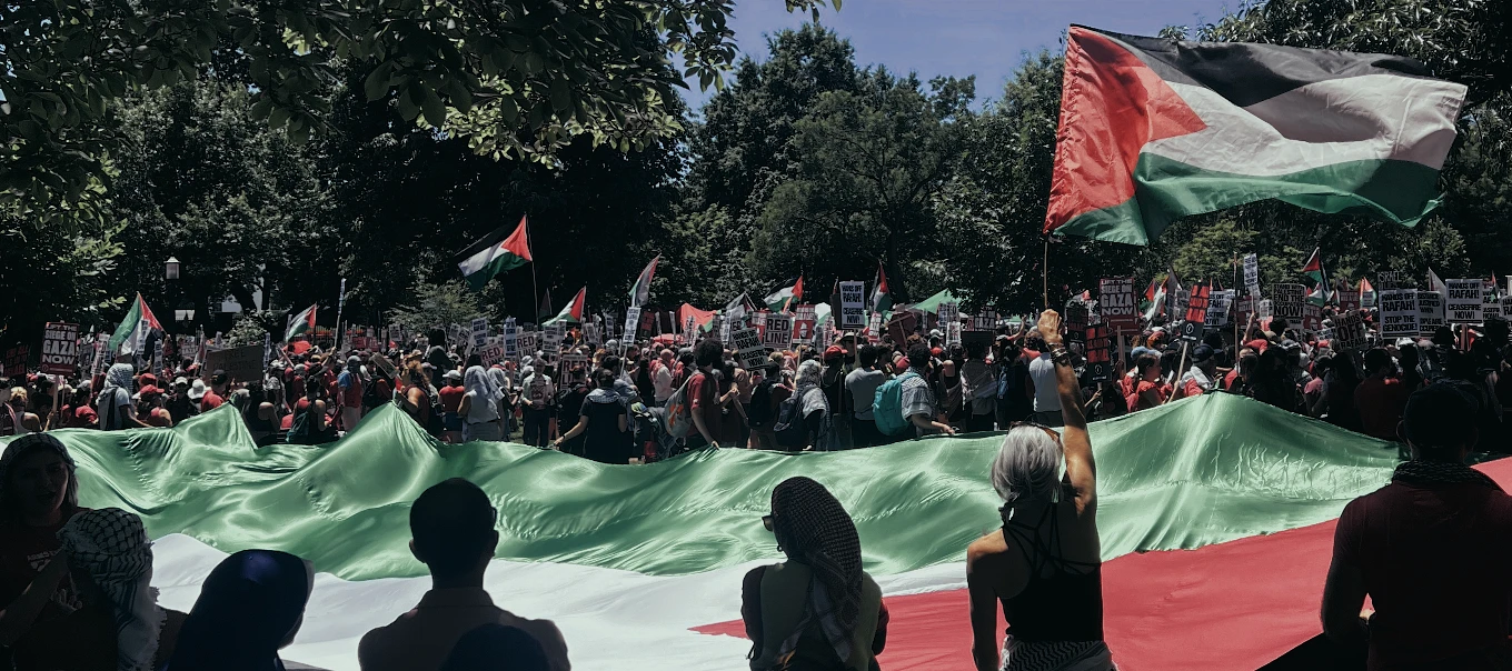 Person waving a Palestinian flag in front of a large crowd holding a massive Palestinian flag