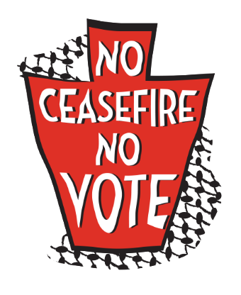 No Ceasefire No Vote logo: red keystone in front of fishnet pattern with text that cays No Ceasefire No Vote